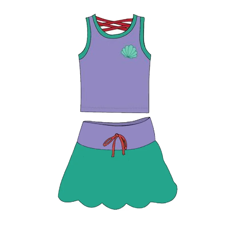 Preorder GSD2064 Purple green leaf Milk silk sleeveless top skirts shorts Girls Boutique Summer clothes  202502 chiffon skirt delicate