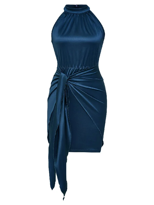 Belted Halterneck High Waist Solid Color Bodycon Party Dress Off-the-shoulder Bohemian Festive