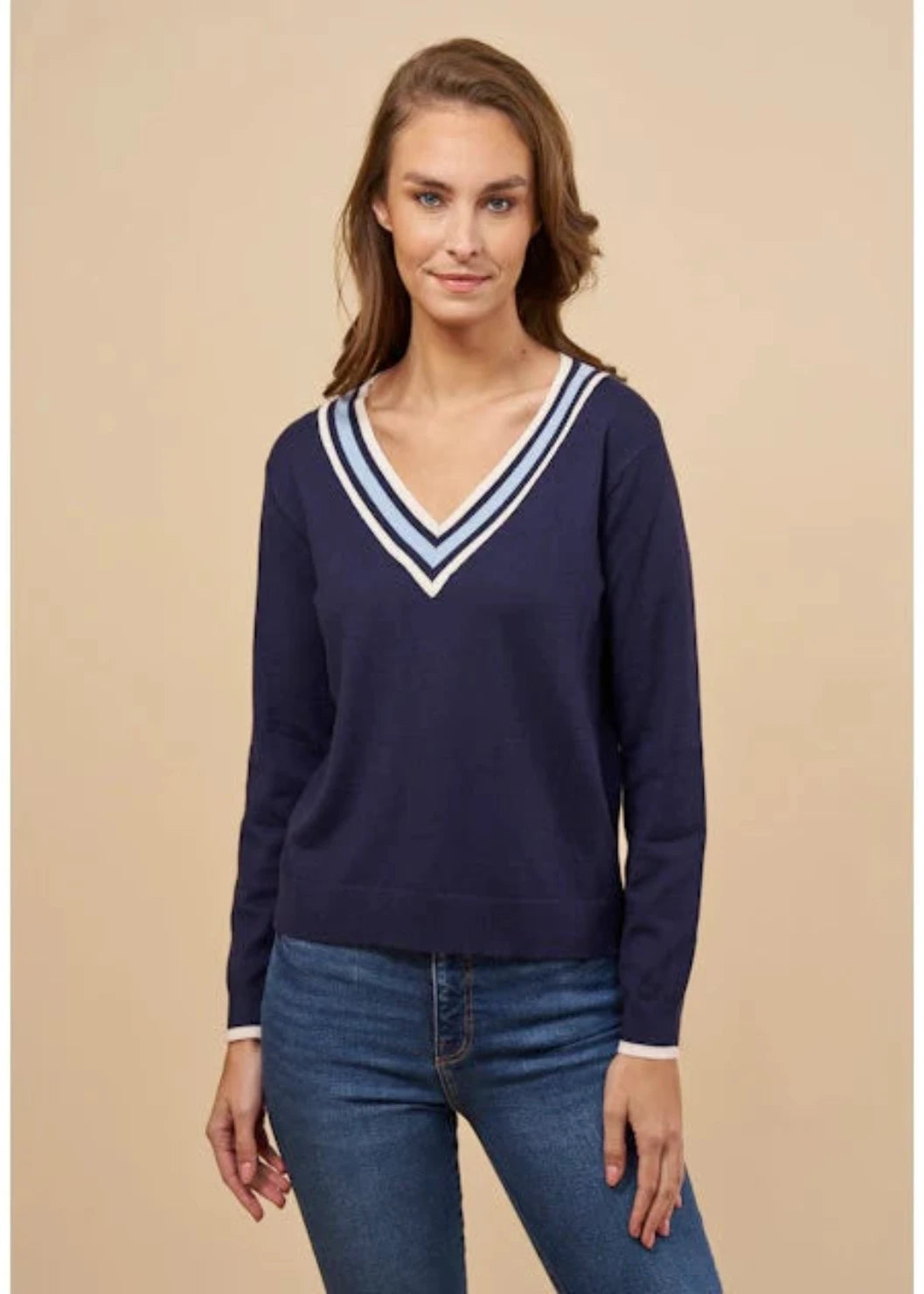 collegiate stripe v neck sweater Toggled Drawstring Belted