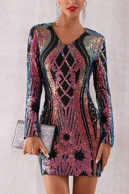 Sparkly Sequins Long Sleeve Party Dress Tunics Versatile stylish