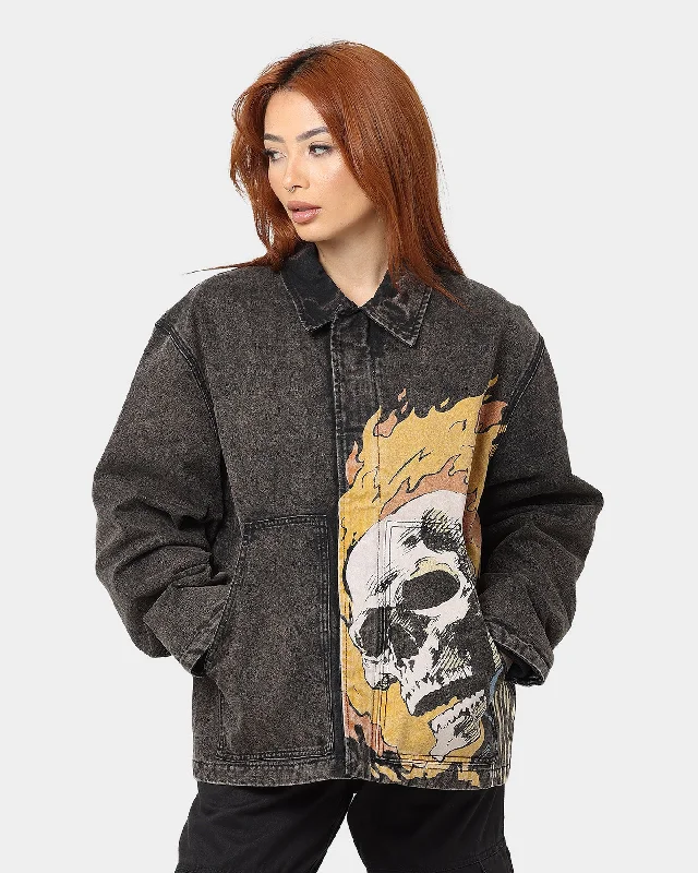 HUF X Marvel Ghost Rider Work Jacket Washed Black Plaid Jacket Tartan Jacket Houndstooth Jacket