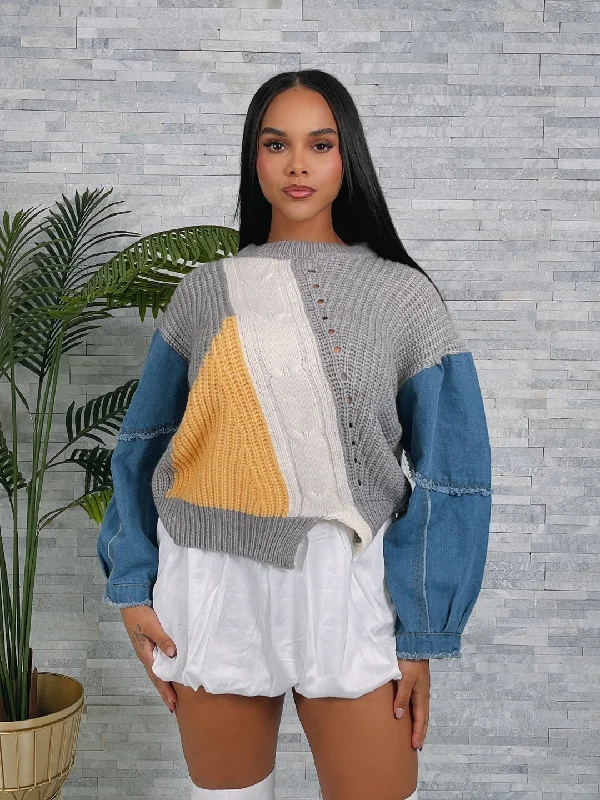 YT9006P - DENIM SLEEVE KNIT SWEATER (ONE SIZE) Wool Sweater Cotton Sweater Cashmere Sweater