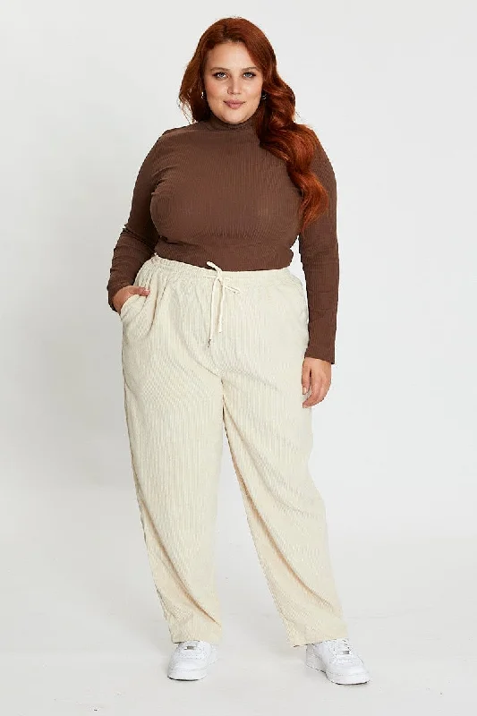 White Elastic Waist Cord Slim Leg Pant Formal Linen Trousers
