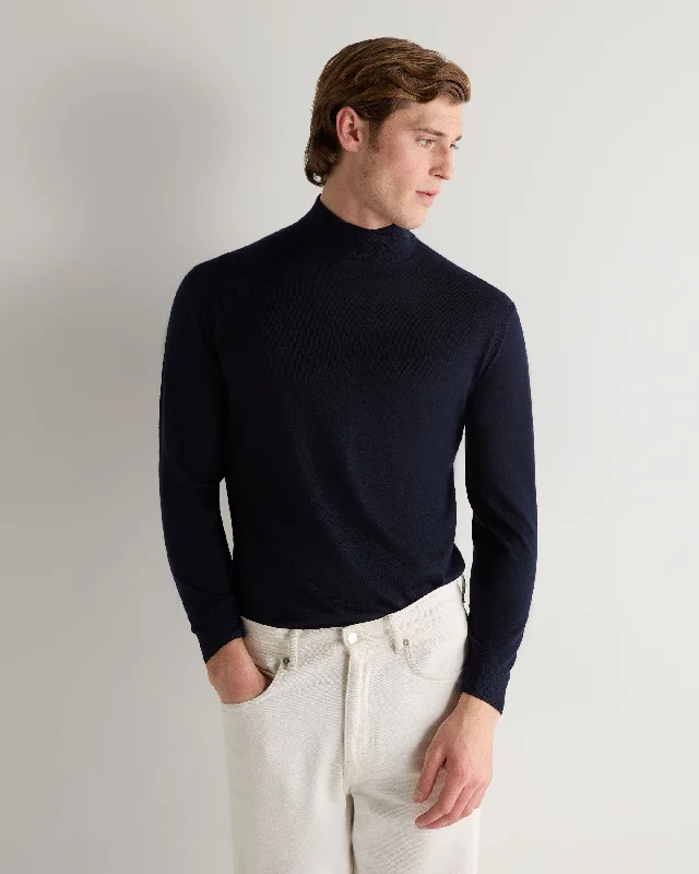 Men's Fine Gauge Cashmere Turtle Neck Sweater Navy Blue Fitted Slim Tailored
