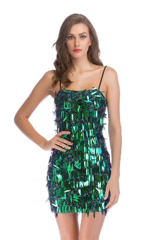 Green Sexy Spaghetti Straps Sequined Party Dress Tunics Business professional