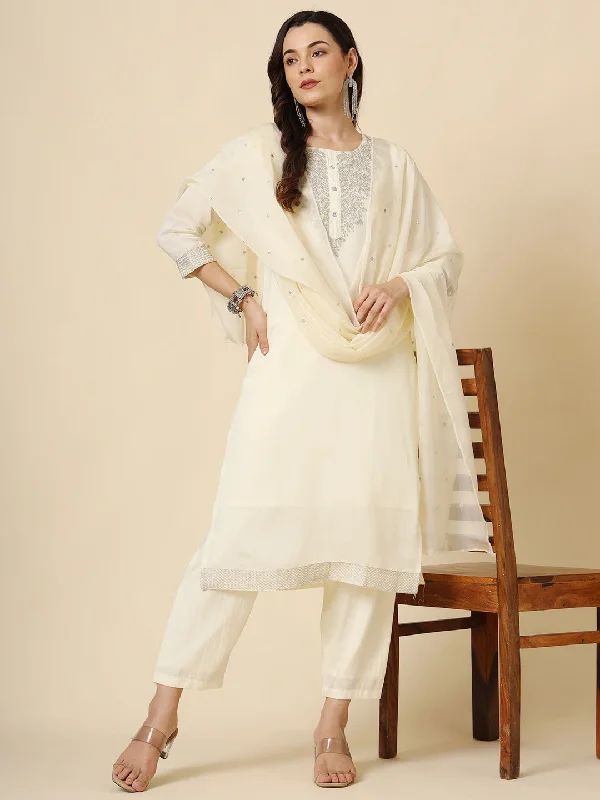 Cream Designer Redaymade Pant Suit With Embroidery Work Relaxed Lounge Trousers