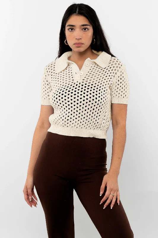 RFK54 - Mesh Knit Cropped Polo Sweater Knit Fabric Woven Fabric Fleece Fabric