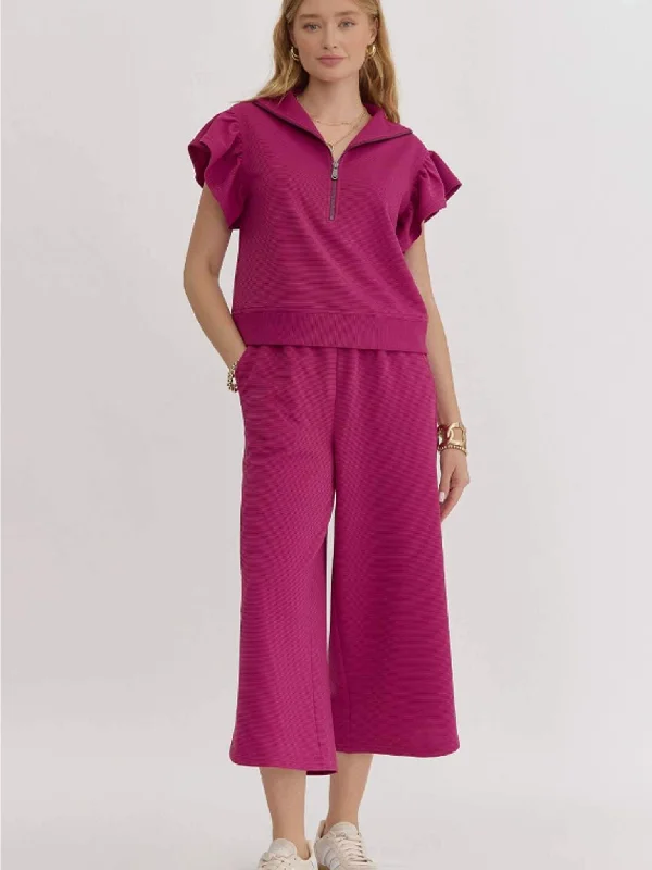 Magenta Ribbed Pants Trendy Wide-Legged Trousers