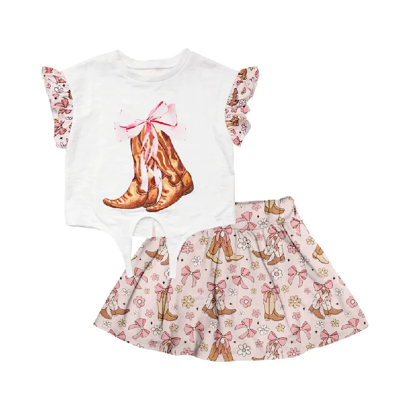 preorder GSD2078 Pink White boots flower bows cowgirl short sleeve top skirts shorts set girl Boutique Summer outfit 202502 relaxed fit skirt