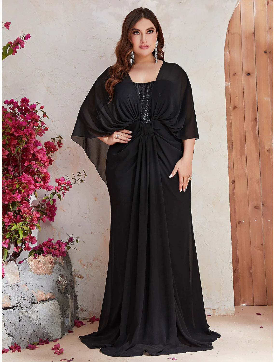 Mermaid / Trumpet Wedding Guest Dresses Plus Size Dress Formal Evening Party Dress Sweep / Brush Train Long Sleeve V Neck Polyester with Sequin Shawl Tunics Cozy comfortable