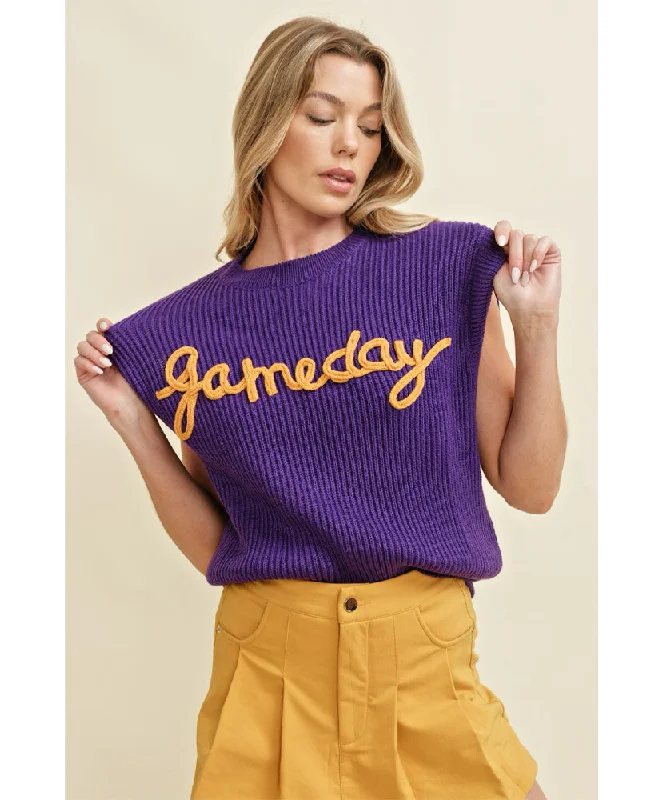 Gameday Embroidered Sleeveless Sweater Lace Blend Ribbed Blend Corduroy Blend