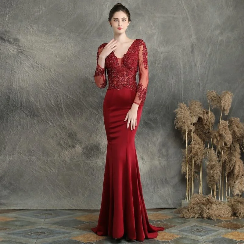 Burgundry V-neck Appliques Beaded Long Sleeve Dress See through Elegant Evening Party Dress Bodycon Fitted Nightout