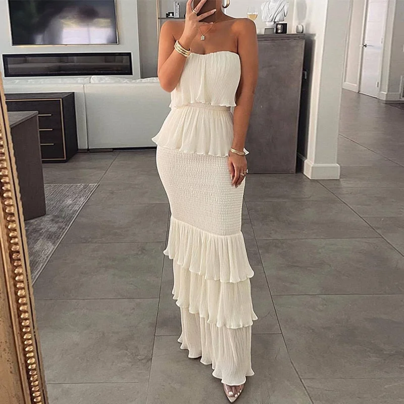 Sexy Sleeveless Wrap Pleated Layered Party Dress Elegant Solid Strapless Ruffle Slim Dress Fashion Chic Sweet Long Mermaid Dress Tunics Ceremony elegant