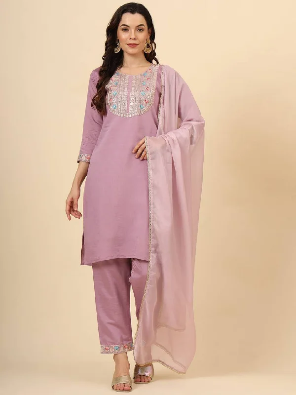 Lavender Trendy Designer Readymade Pant Suit With Embroidery Work Comfortable Denim Trousers