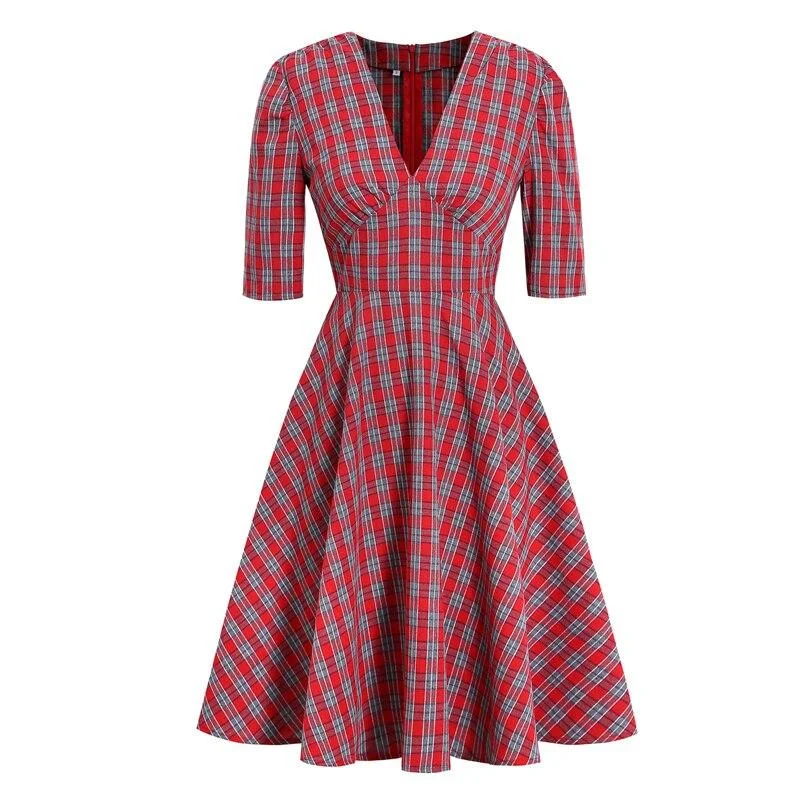 Autumn Vintage V Neck Plaid Pin Up High Waist Elegant Robe Rockabilly Party Dress Turtleneck Warm Winter