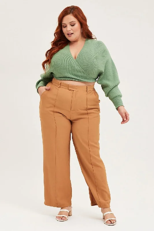 Brown Wide Leg Pants High Rise Seam Front Stylish Elastic Waist Pants