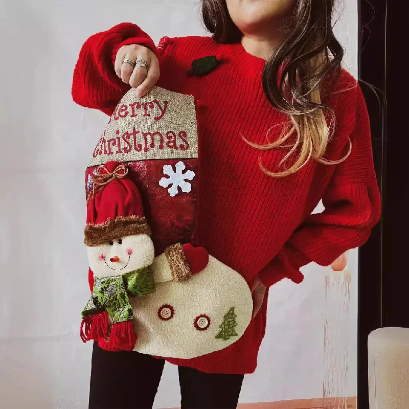 Red Christmas Snowman Doll Pocket Sweater Sequined Glittery Shiny