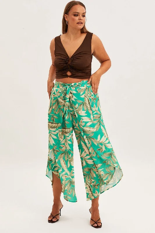 Green Floral Wide Pant Elastic Waist Split Leg Fashionable Jogger Pants