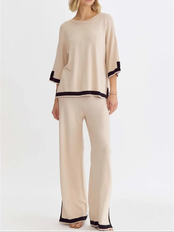 High Waist Cream Pants with Black Trim Chic Faux Leather Pants