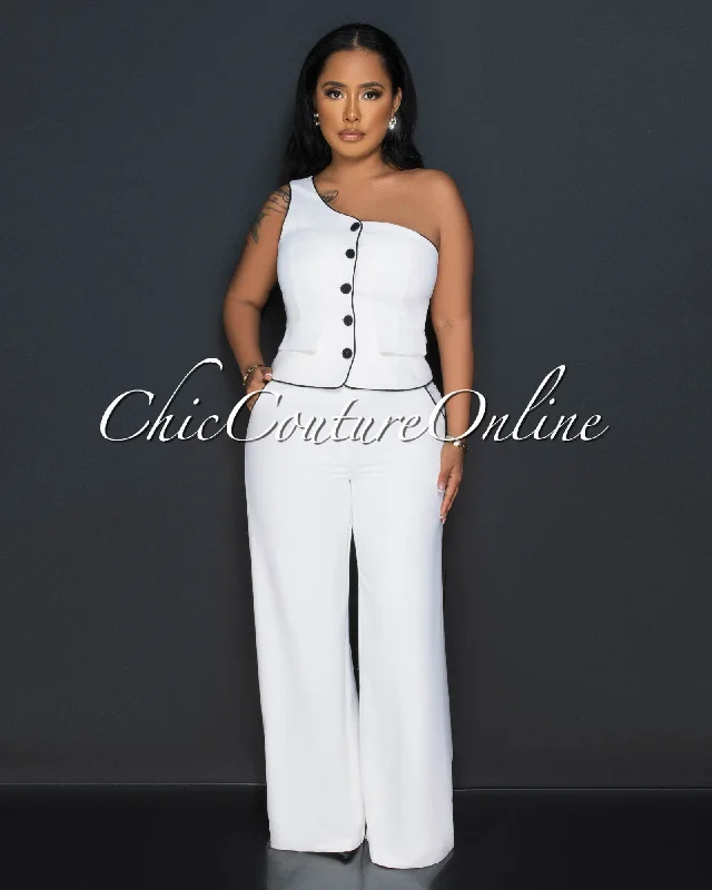 Marcia White Black Trim Single Shoulder Vest & Pants Set Warm Wool Trousers