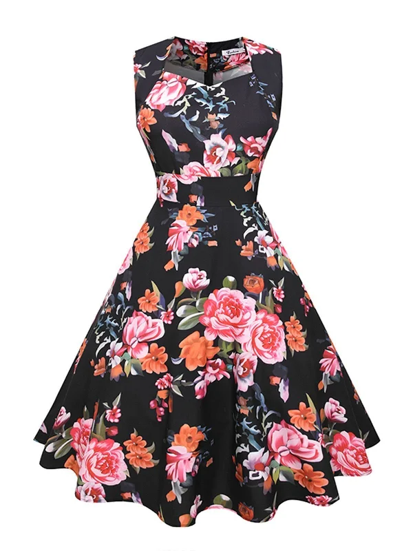 1950s Floral Print Swing Party Dress Tunics Polka dots