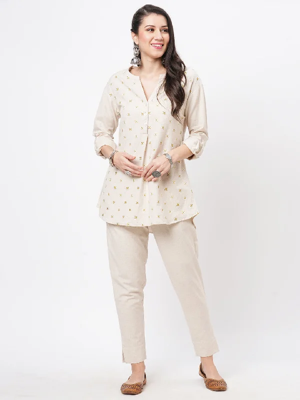 #BE Embroidered short tunic with solid slim fit pants in natural cottonflex Comfy High-Waist Jeans