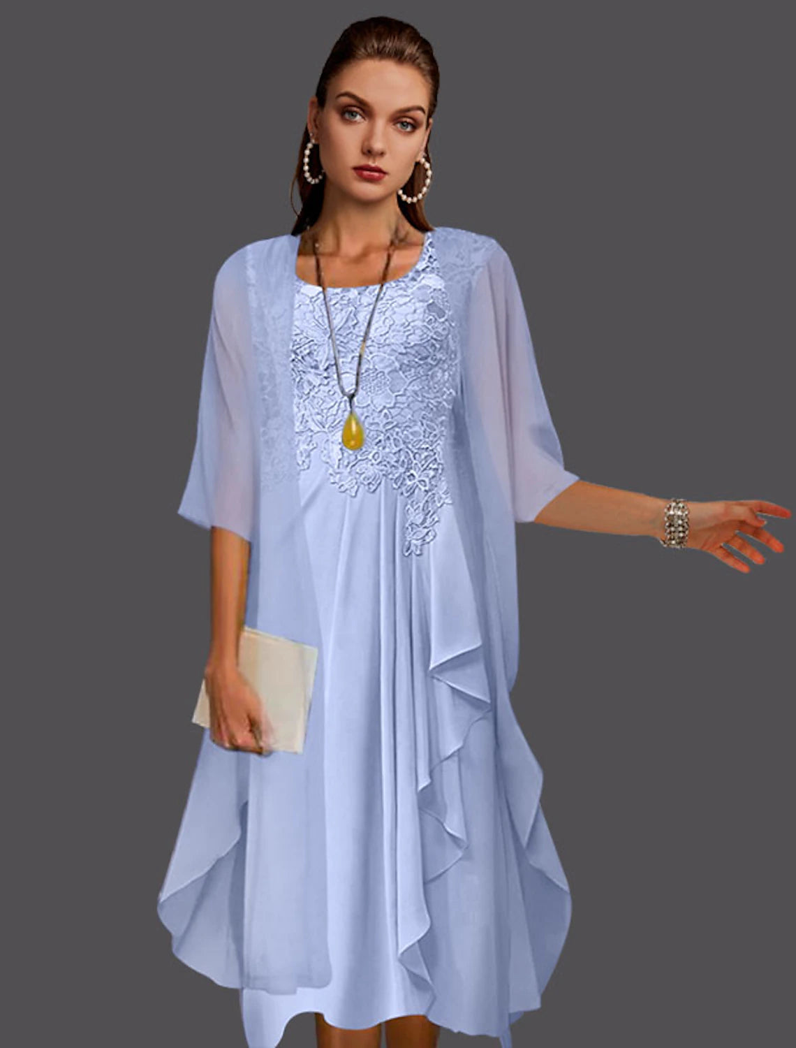 Two Piece A-Line Mother of the Bride Dress Elegant Scoop Neck Knee Length Chiffon Lace Sleeveless Jacket Dresses with Pleats Appliques A-Line Jacket Boat Neck Shawl Collar