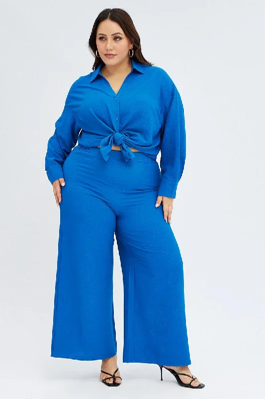 Blue Wide Leg Pants Crinkle Texture Fashionable Track Pants