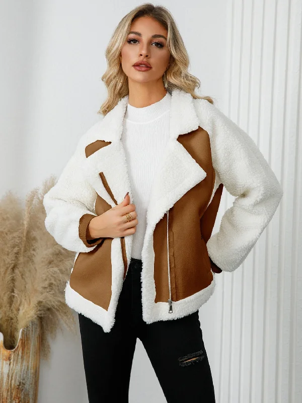 Pocketed Sherpa Zip Up Long Sleeve Jacket Jacket Blazer Coat