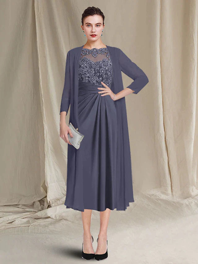 Two Piece A-Line Mother of the Bride Dress Plus Size Elegant Jewel Neck Tea Length Chiffon Lace Half Sleeve Jacket Dresses with Crystals Appliques Wool Fabric Cashmere Fabric Tweed Fabric
