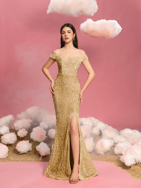 Teen Girls' Elegant Off Shoulder Split Mermaid Hem Sequin Party Dress Tunics Silk luxurious