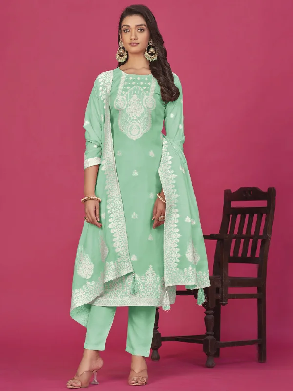 Sea Green Organza Pant Suit With Wevon Designer Baadla Work Classic Stretch Pants