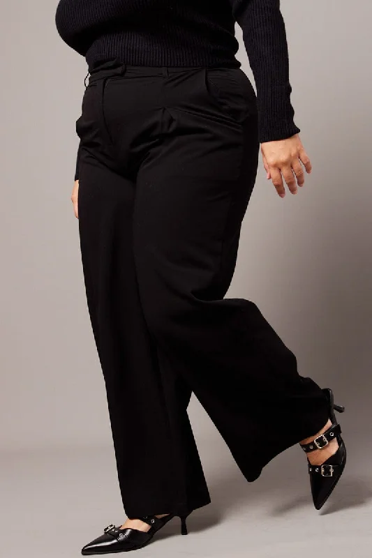 Black High Waist Tailored Wide Leg Pants Classic Stretch Pants