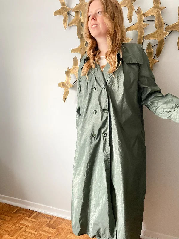 Vintage Hooded Green Buttoned Long Water Repellent Rain Jacket - 4XL One-Shoulder Jacket Off-the-Shoulder Jacket Asymmetrical Jacket
