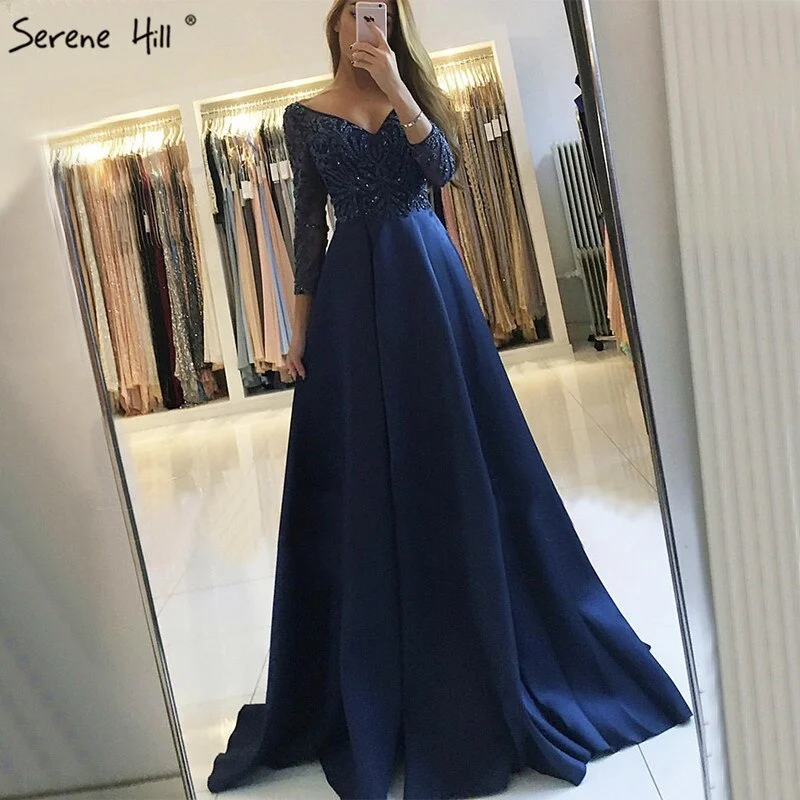 On Sale No Return No Refund Sale Navy Blue Party Dress V-Neck Evening Gowns Satin Crystal Long Sleeve Fashion Formal Evening Dress Real Photo LA6158 Tunics Formal black