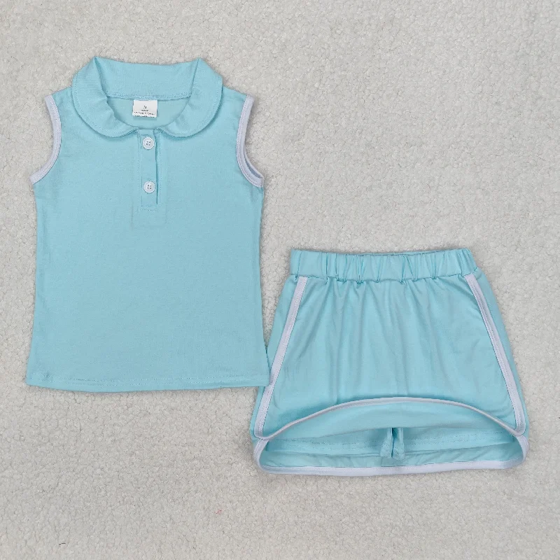 GSD1973 Pure Cotton Suit Blue Polo Sleeveless Top Skirts Shorts Set Girls Boutique Summer clothes  202503 RTS silk skirt smooth