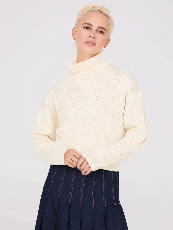 Twisted Cable Knit Turtleneck Sweater Tailored Straight A-Line
