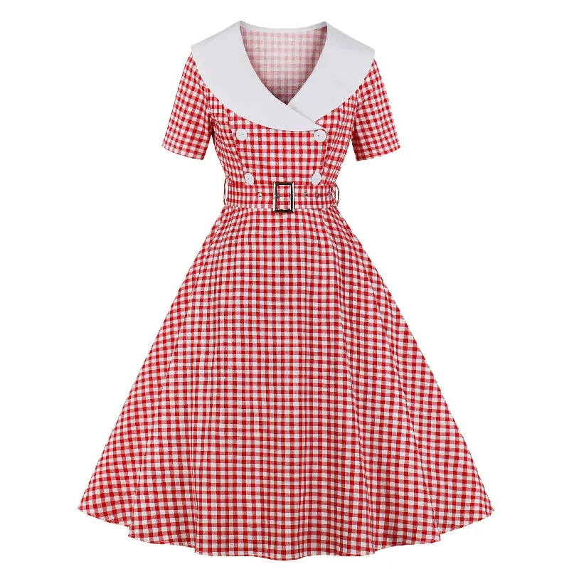 50s Summer Plaid Printed Casual Party Dress Cotton Vintage Short Sleeve Button Turn Down Neck Swing Tunic Midi Dresses With Belt Tunics Print Colorful