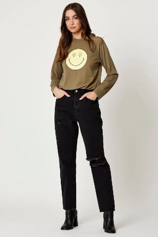 Green Smiley Face Sweater Iron Safe Non-Iron Wrinkle Free
