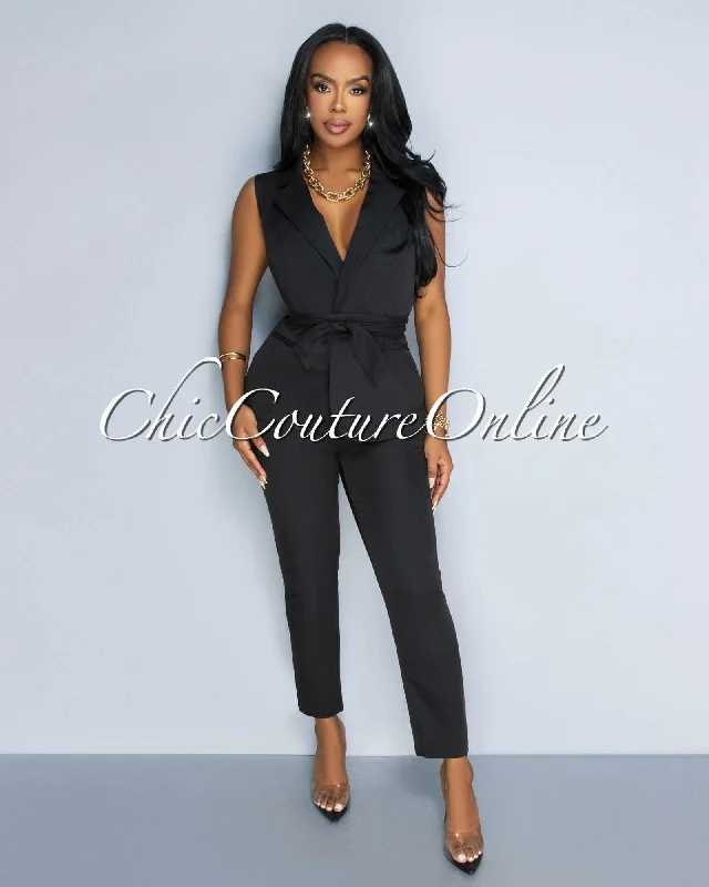 Jaxine Black Self Tie Vest & Slim Legs Pants Set High-Waist Jeans
