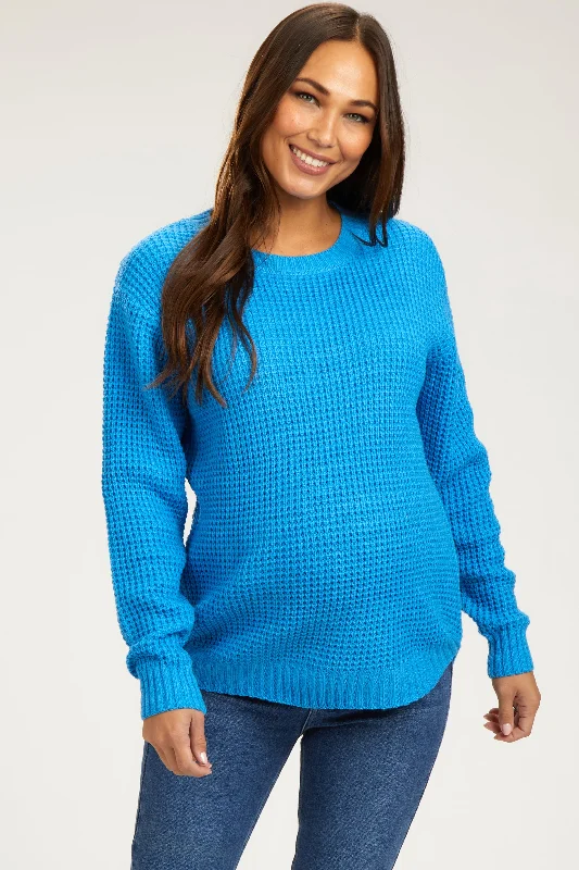 Blue Waffle Knit Round Hem Maternity Sweater Ribbed Striped Patterned