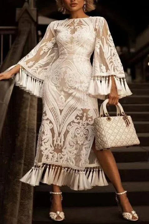 Unique Tassel White Lace Party Dress Tunics Party sparkling