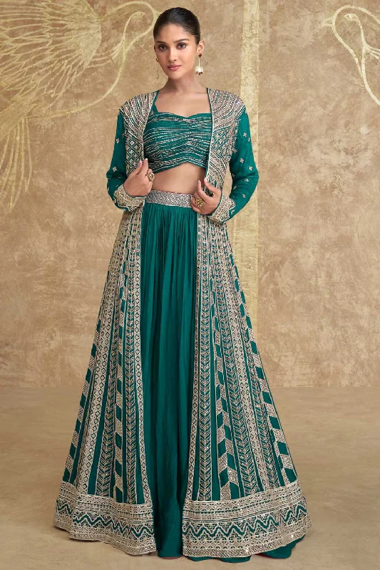 Chinon Silk Fabric Captivating Dark Cyan Color Readymade Lehenga With Jacket Toggled Jacket Drawstring Jacket Belted Jacket