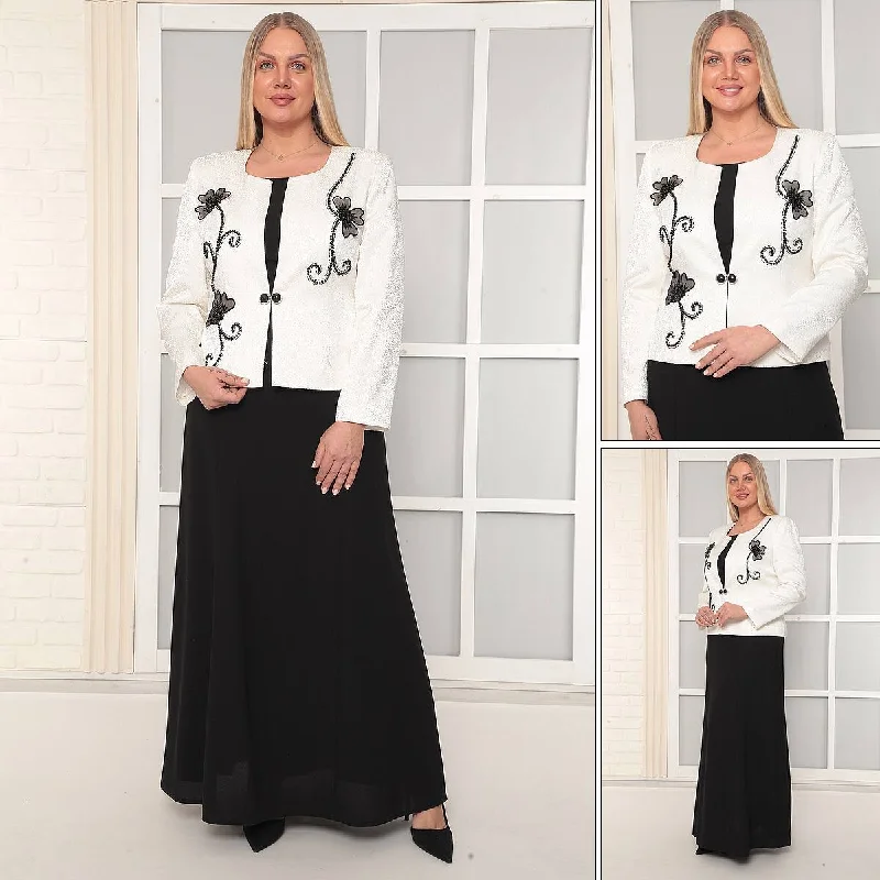 Elegant Long Black Dress with Exquiste Jacquard Jacket One-Shoulder Jacket Off-the-Shoulder Jacket Asymmetrical Jacket