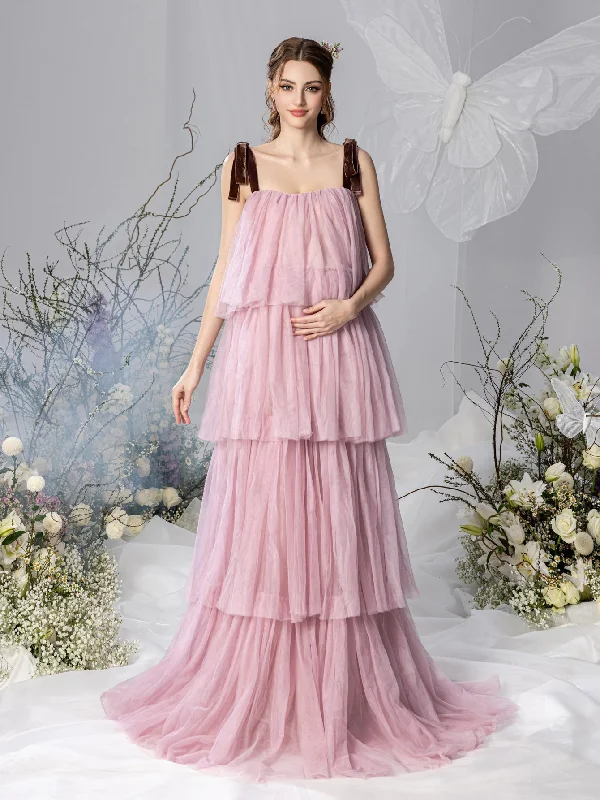 Maternity Tie Shoulder Layered Mesh Party Dress Photography Dress empire Waist empire