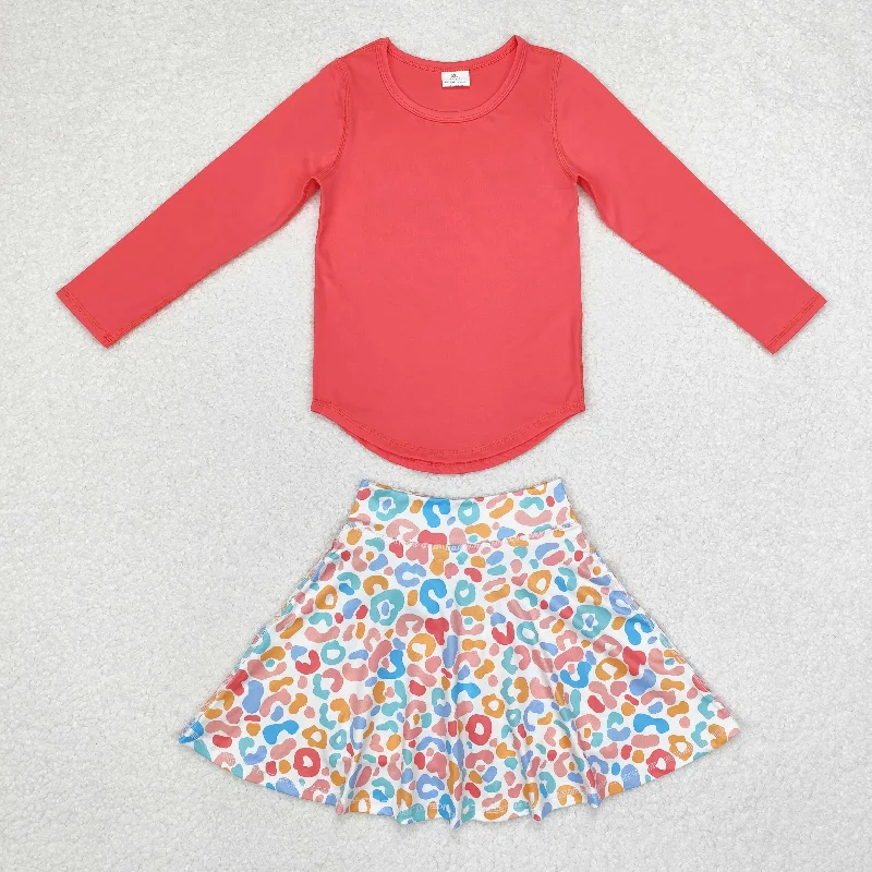 GLD0594 Coral red solid color long sleeve color leopard print skirt set lace skirt romantic