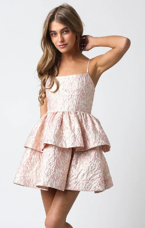 Pink Brocade Party Dress Pleated Skirt Elegant