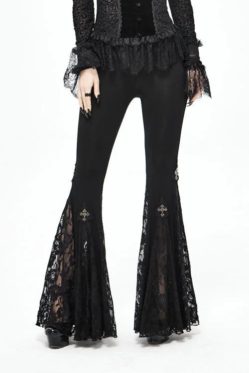 Black Cross Knit Lace Bell Gothic Womens Pants Comfy Zip-Up Pants