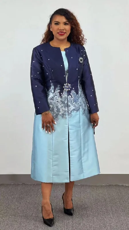 Elegant Navy and Light Blue Dress with Long Jacket Set for Weddings Elasticated Jacket Padded Jacket Insulated Jacket