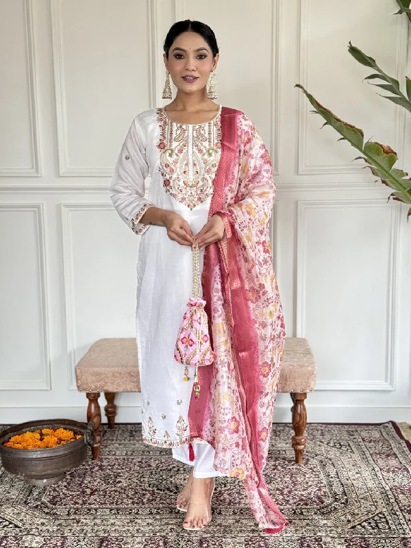 White Attractive Looking Readymade Pant Suit With Printed Embroidery Work Formal Slim Pants